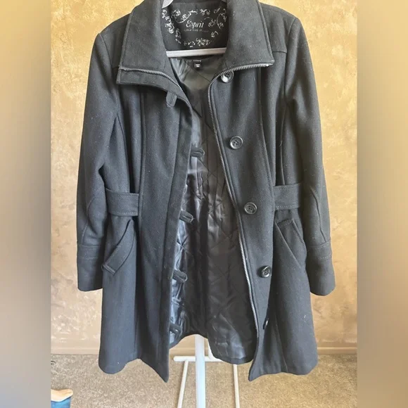 Y2K ESPRIT Wool Coat Black Peacoat for Women Vintage Black Jacket Sz L - Picture 2 of 11